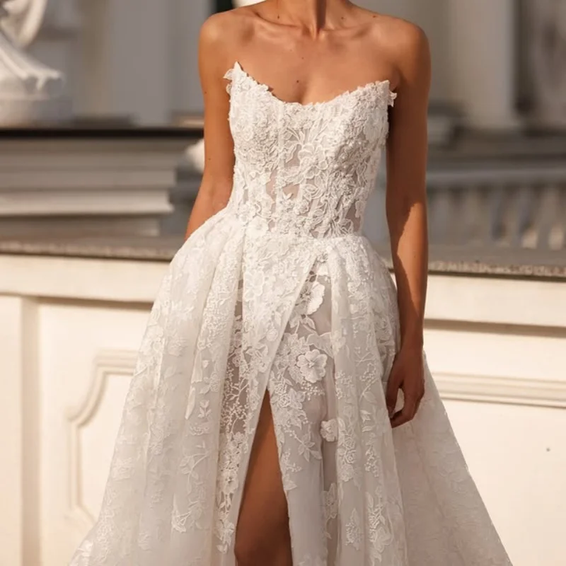 White Wedding Dresses off-shoulder A skirt 3D flower decal slit Long tail Bridal Gowns Made Customized