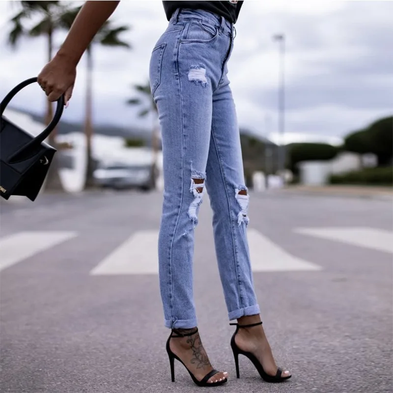 Stretch Ripped Jeans Women Torn Pants Female Frayed Denim Trousers Knee Cut Out Hole Abraded Boyfriend Outfits Streetwear Daily