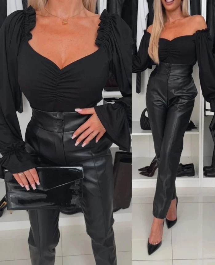 

Women's T-Shirt Temperament Commuting Female Clothing New Fashion V-Neck Bell Sleeve Ruched Blouse Casual Slim Shirt Top