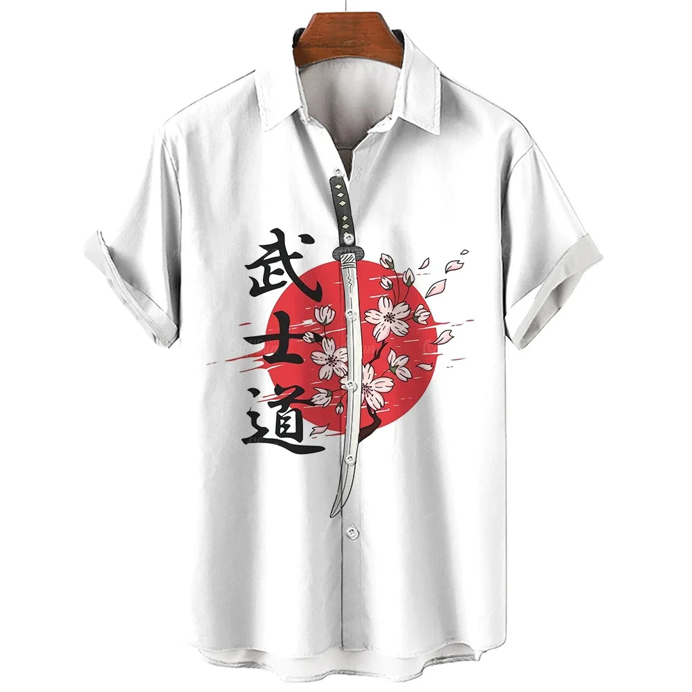 Summer Oversized Men\'s Hawaiian Shirt Short Sleeve Cardigan Top 3D Printed Japanese Samurai Pattern Casual Fashion Men\'s Shirt