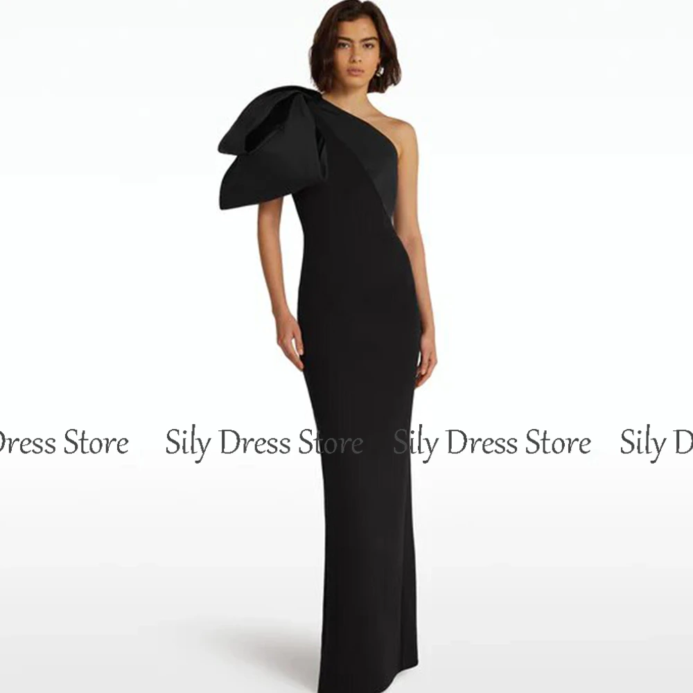 2024 Lange, schicke Abendkleider für Damen, Satin und Jersey, Etui-/Säulen-Clubkleid, Schwarz, One-Shoulder-Schleife, geteilt, Partykleid, Maxi – Detail 2