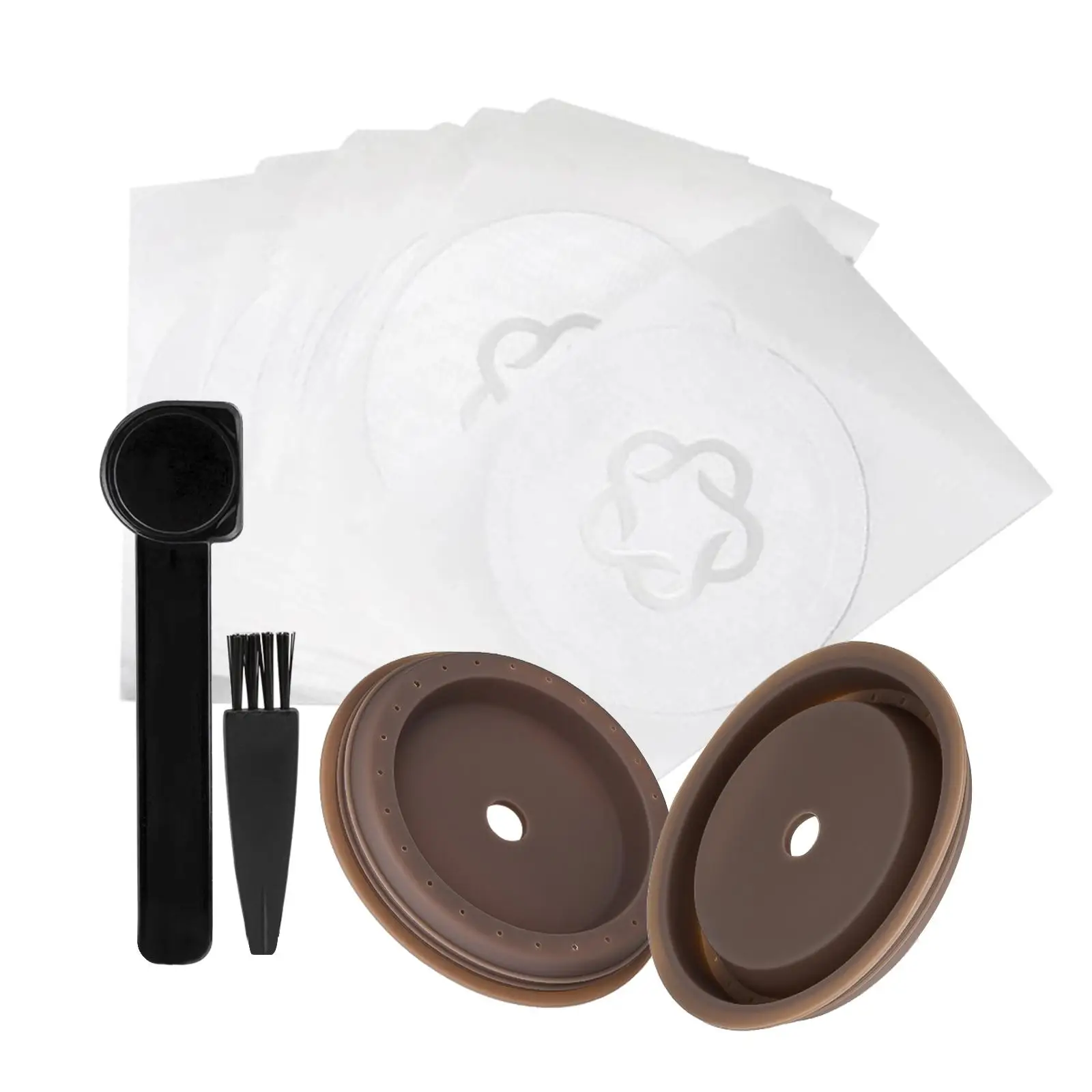 أقراص القهوة، مع ملعقة معدنية، وأغطية وإكسسوارات الفرشاة لـ