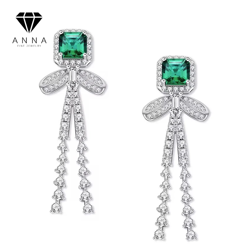 

Natural Emerald Bow Knot Earrings For Women High Carbon Diamond Long Tassel Ear Drops 925 Sterling Silver Wedding Fine Jewelry