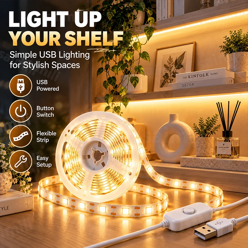 USB 2835 LED Strip Light Button Switch Strong Adhesive Backing Easy Install For TV Backlight Home Atmosphere Lighting Decor