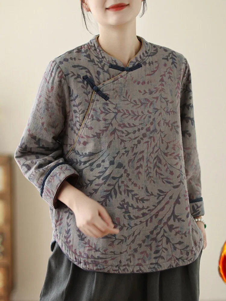 

Хлопковая женская зимняя домашняя одежда ручной работы с китайской вышивкой, на боковых пуговицах, утепленная, с длинными рукавами, с принтом