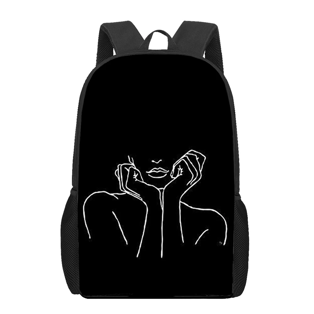 Black White Art Lines Girl Printed Creative Students Book Bag Teenager Kids Girls Boys Casual Shoulder Rucksack Travel Backpack