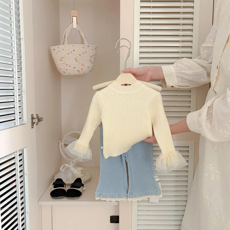 2026 Autumn New Girls Sweet Knitted Tops Solid Baby Girl Mesh Splicing Bell Sleeve Sweater Infant Toddler Solid Ribbed Pullover