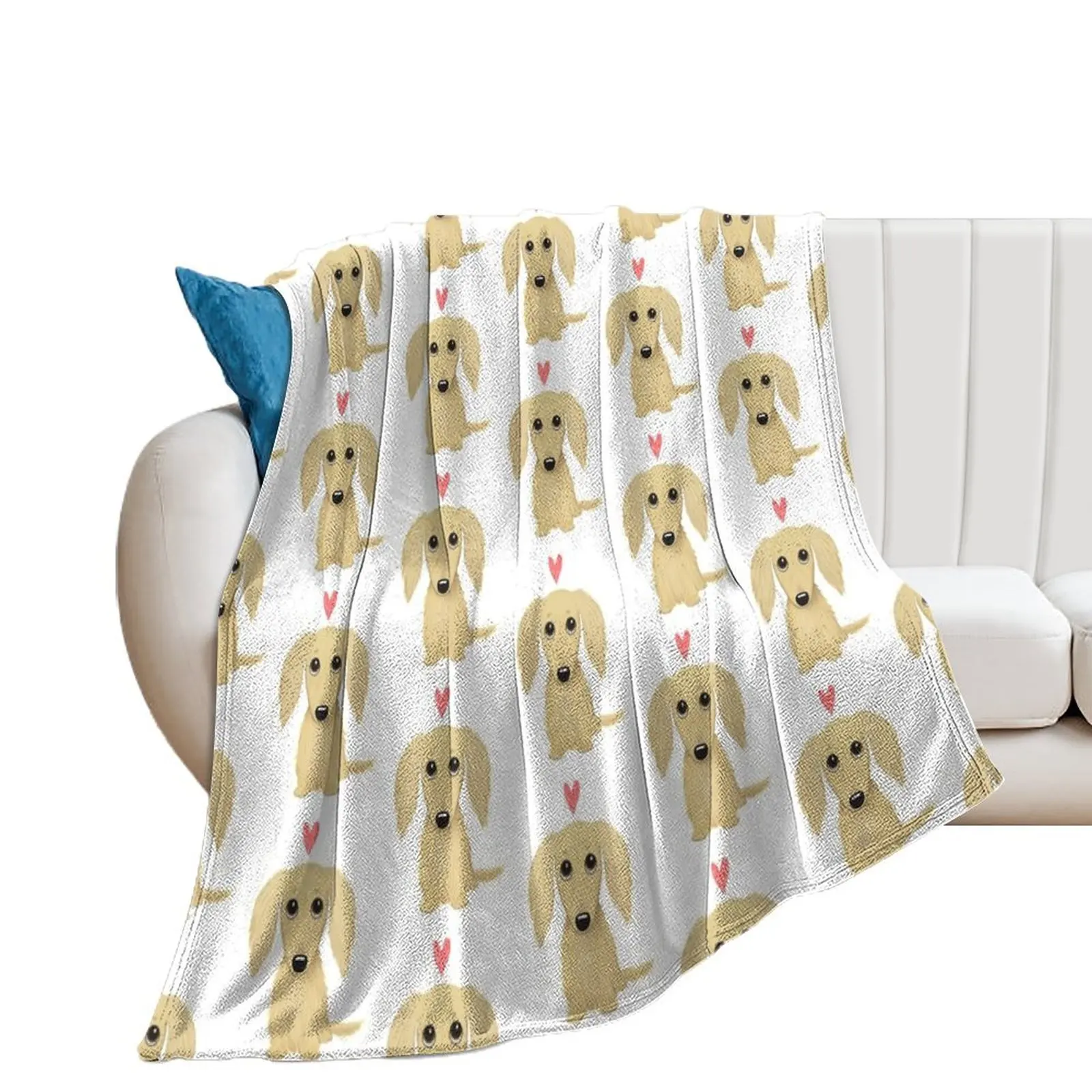 Longhaired Cream Dachshund Cartoon Dog with Heart Throw Blanket manga Large Blankets