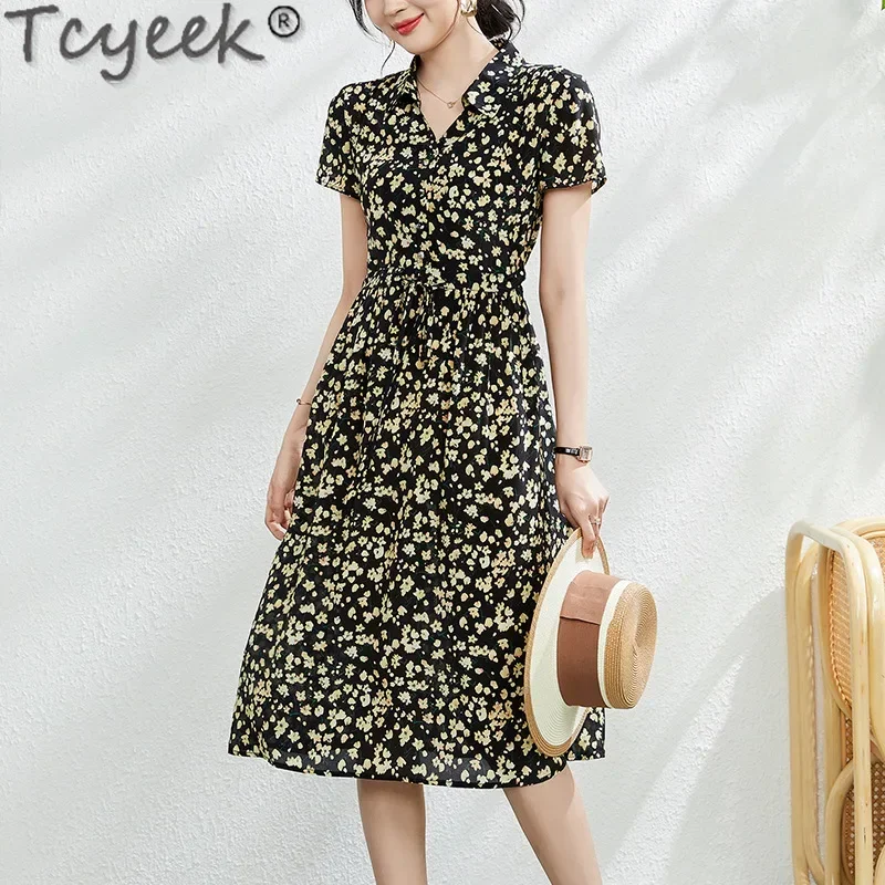 

Tcyeek 100% Mulberry Silk Elegant Women's Dresses Long Dresses for Women Clothes Summer Dress 2024 Printing Vestidos De Mujer