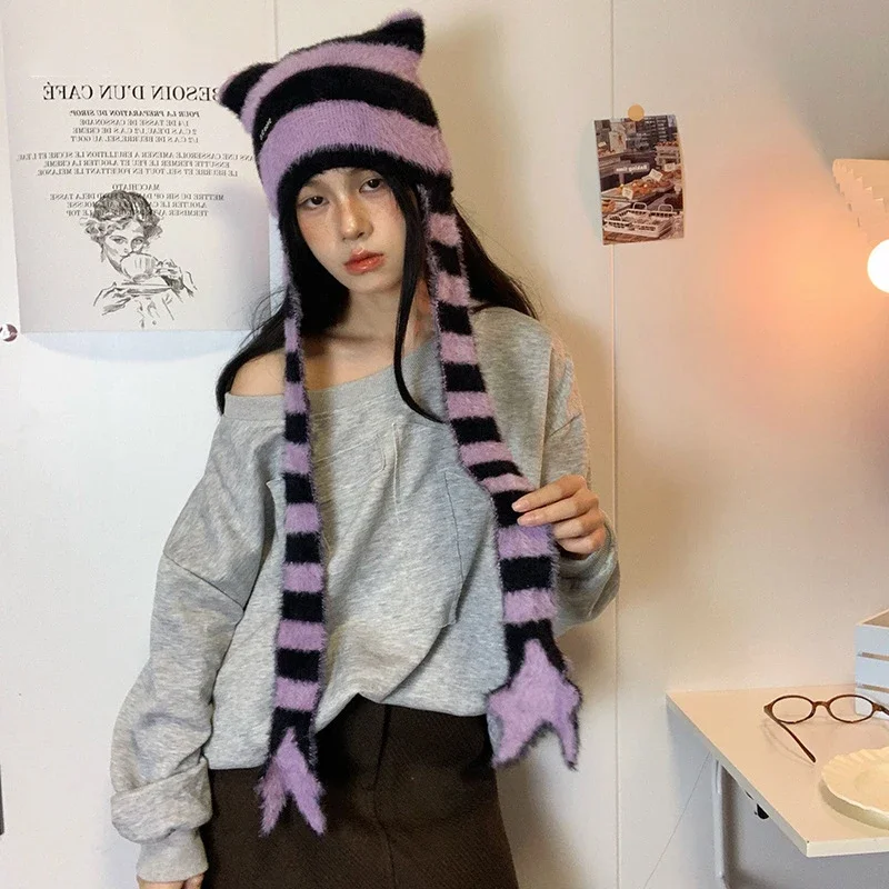 Y2k ثقافة فرعية فتاة حلوة بارد نمط قبعة نجمة مخطط أفخم محبوك قبعة