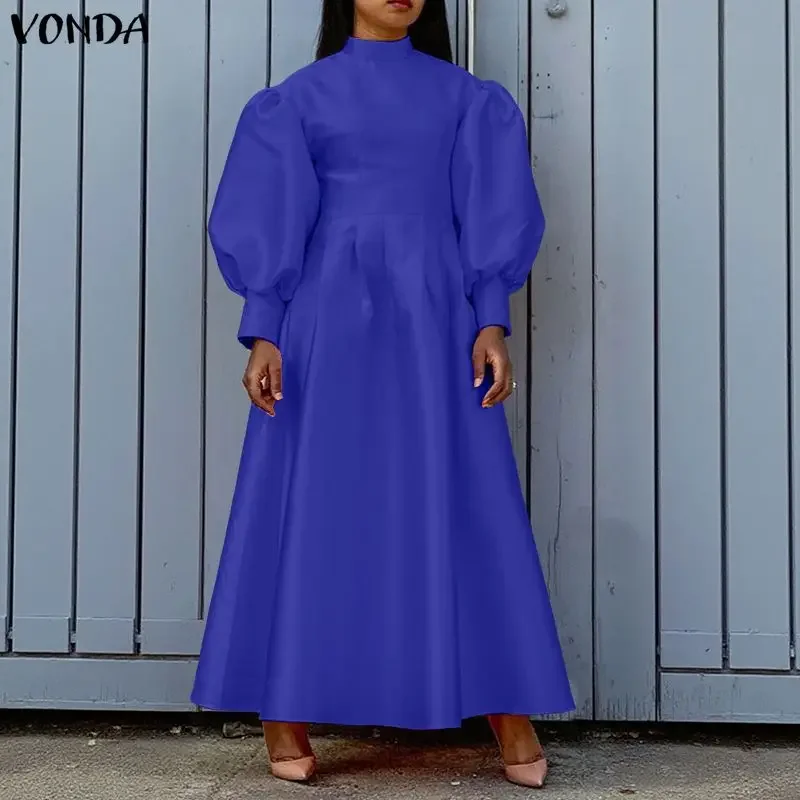 

VONDA Элегантное вечернее платье макси женское с воротником-стойкой и длинными пышными рукавами однотонный сарафан повседневное свободное атласное шелковое платье размера плюс 5XL