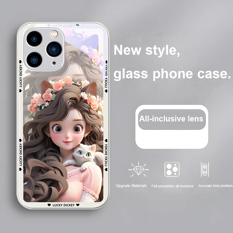 A Girl with Long Curled Hair and A Cat for Iphone 14 13 12 11 Pro Max X XS XR 7 8 Plus 2020 2022 SE Silver Glass Phone Case