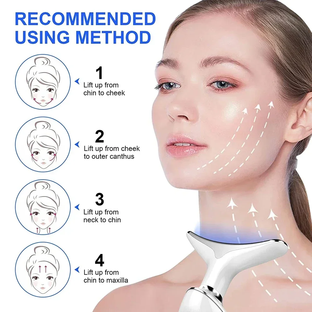 ปรับปรุงสีผิว Anti-Wrinkle Face & Neck Lifting Massager กระชับสัดส่วนแบบพกพาไฟฟ้า LED Microcurrent Vibrating เครื่องนวดคอ