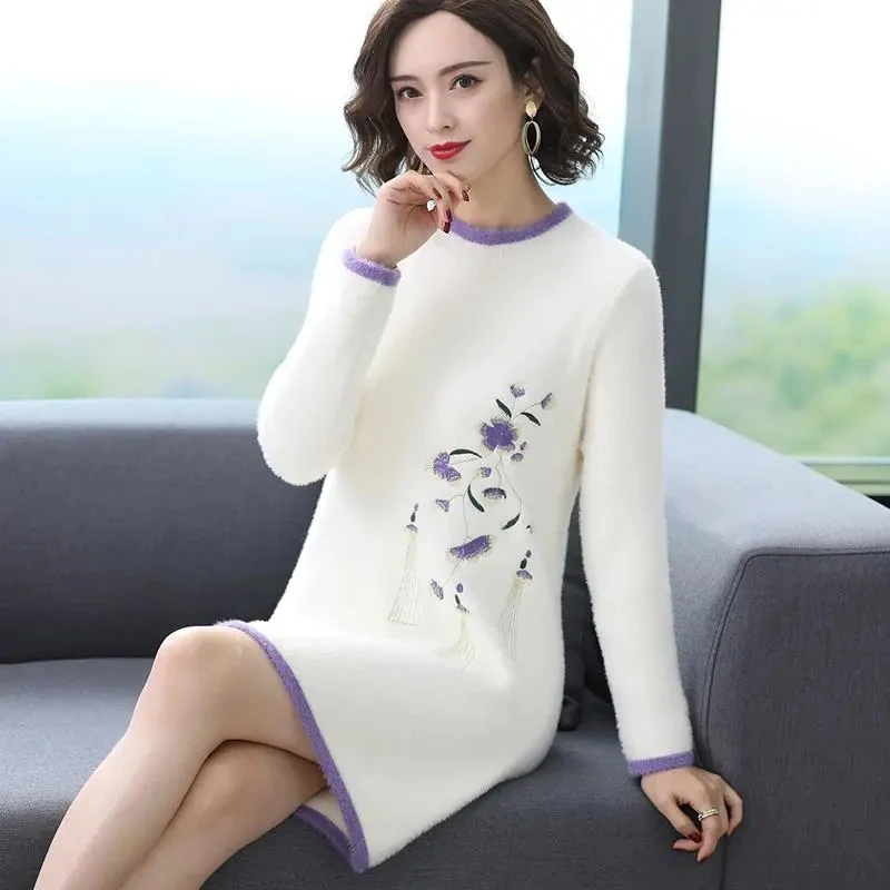 Imitation Mink Fleece Sweater Womens 2024 Autumn Winter Thick All-match Embroidered Top Long-sleeve Hip Bottoming Pullover Shirt