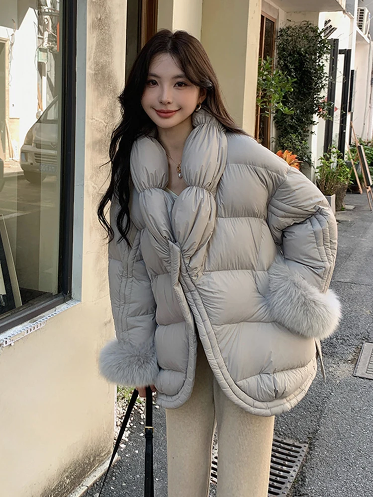 2024 Fashion Winter Women Coats Filling White Goose Down With Natural Real Fox Fur Cuffs Luxury Thick Warm Jacket