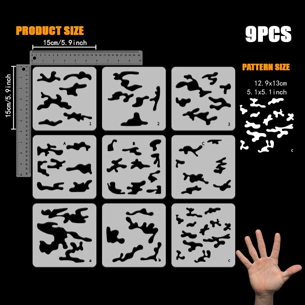9 Pcs Layered Camouflage Stencil - 5.9x5.9 Inch Reusable Camo Print Spray Drawing Template for DIY Art Home Decoration on Wood