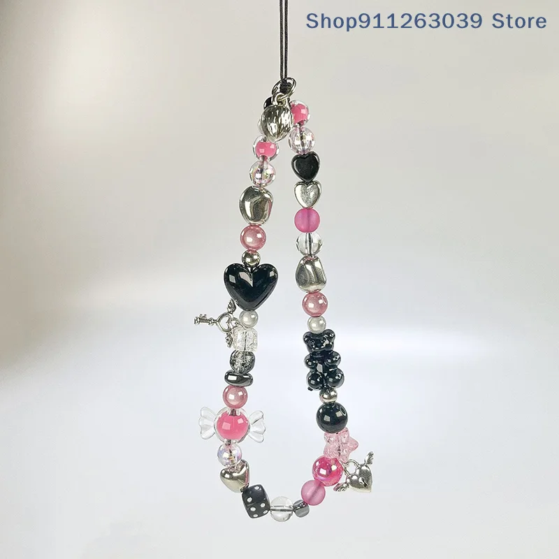 （SS）Y2K Sweet Cool Girls Cellphone Chain Rose Red Beaded Phone Lanyard Ins Style Mobile Phone Charm Keychain Wristband Pendant