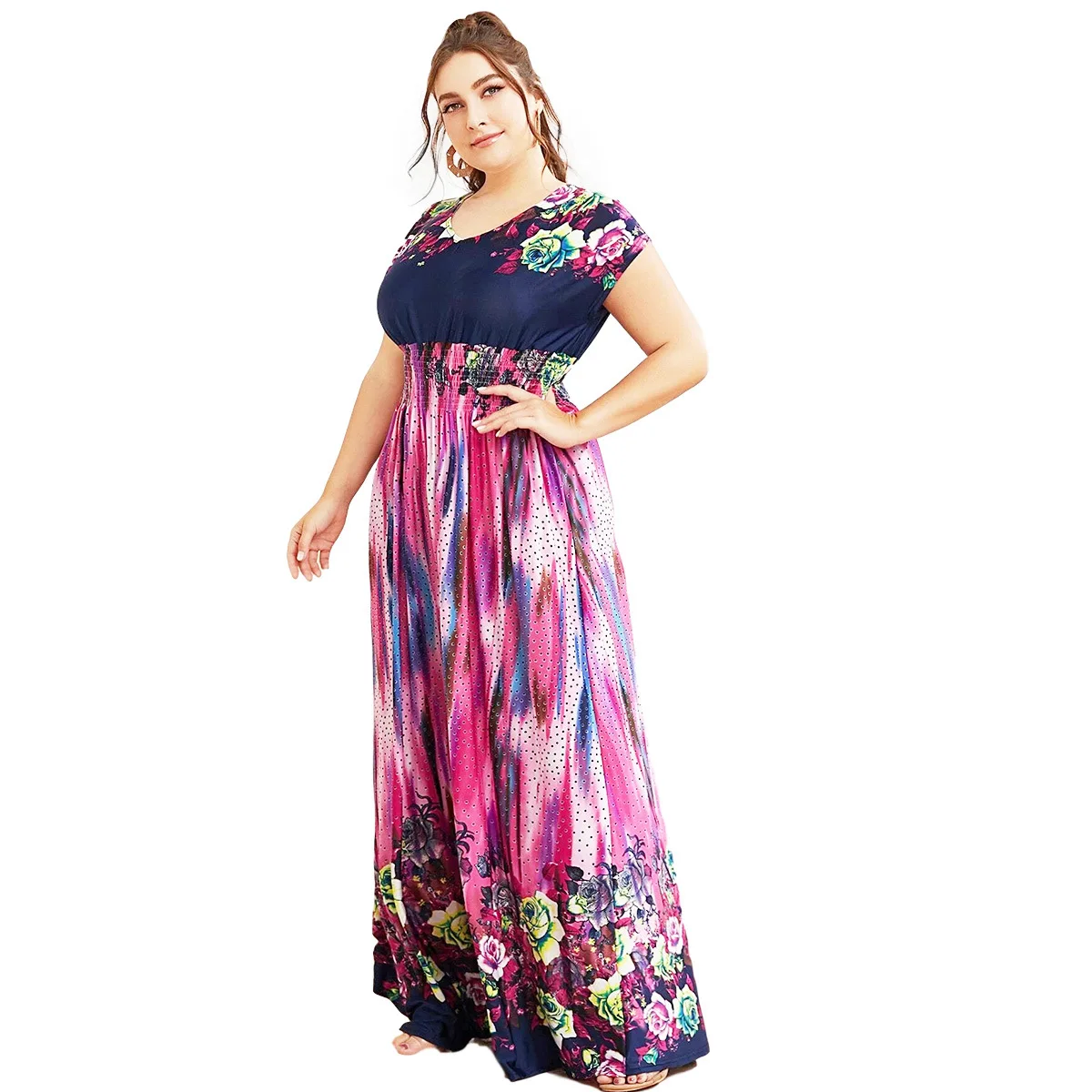 Large Size Ice Silk Summer Dress for Women Casual Beach Holiday Islamic Dubai Abayas Printed Short Sleeve Long Dress Maxi Dress