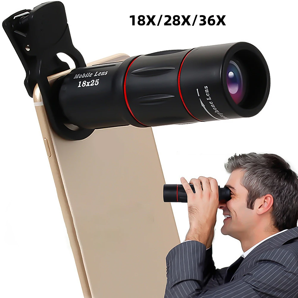 18/28/36X Mobile Phone Camera Lens Clip-On Zoom Phone Camera Telephoto Lens Optical Telescope Lens for Camping Hunting Sports