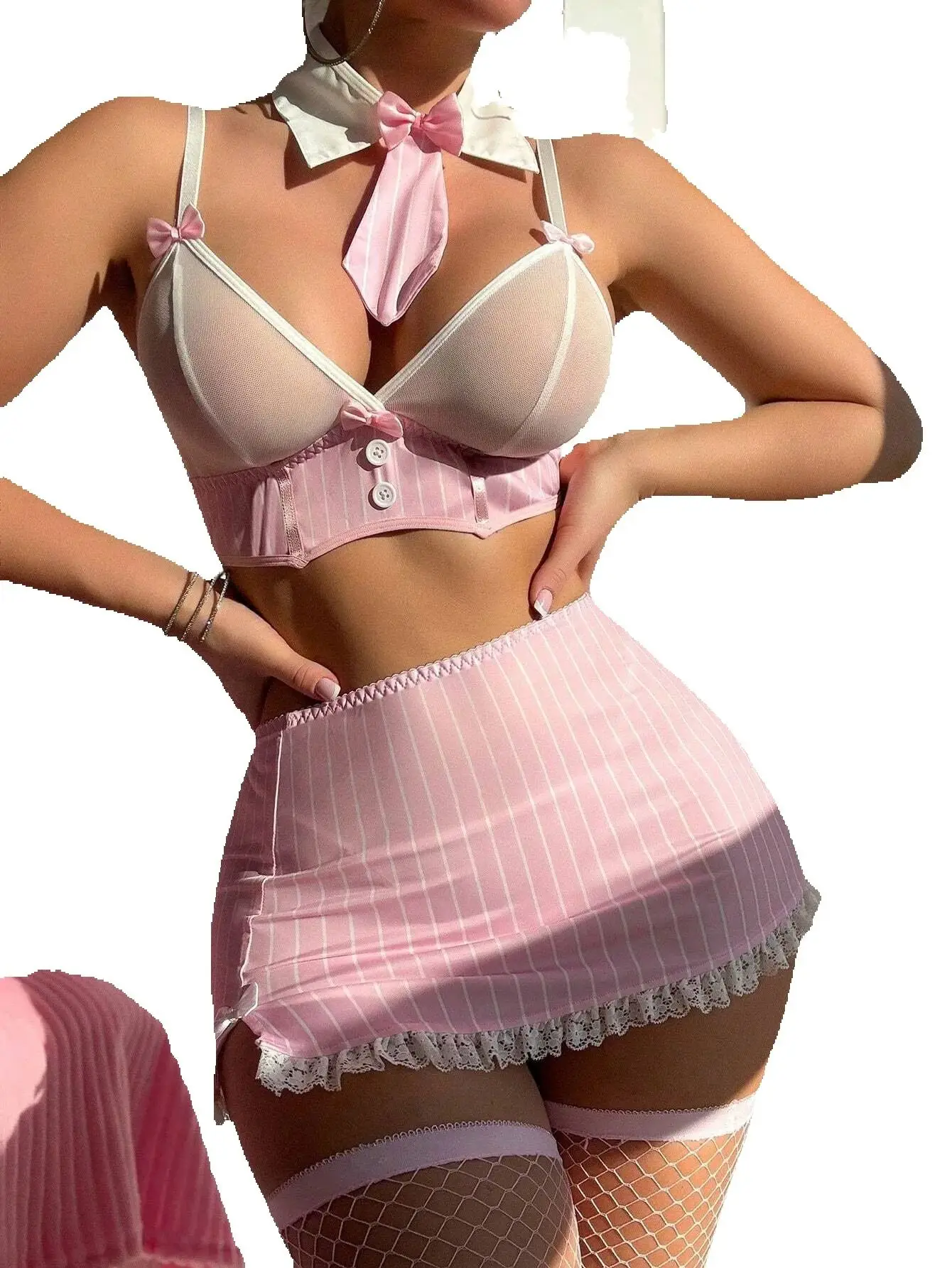

Maidservant Cosplay Sexy Nightwear Women's Lace Strap Bra Mini Skirt Set Hollow out Striped Erotic Lingerie for Adult Females