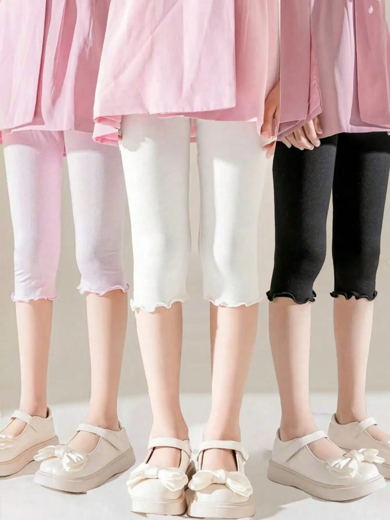 3PCS Toddler Girls Ruffle Capri Leggings Kids Breathable Summer Cropped Pants Solid Color Anti-Ride Elastic Casual Bottoms