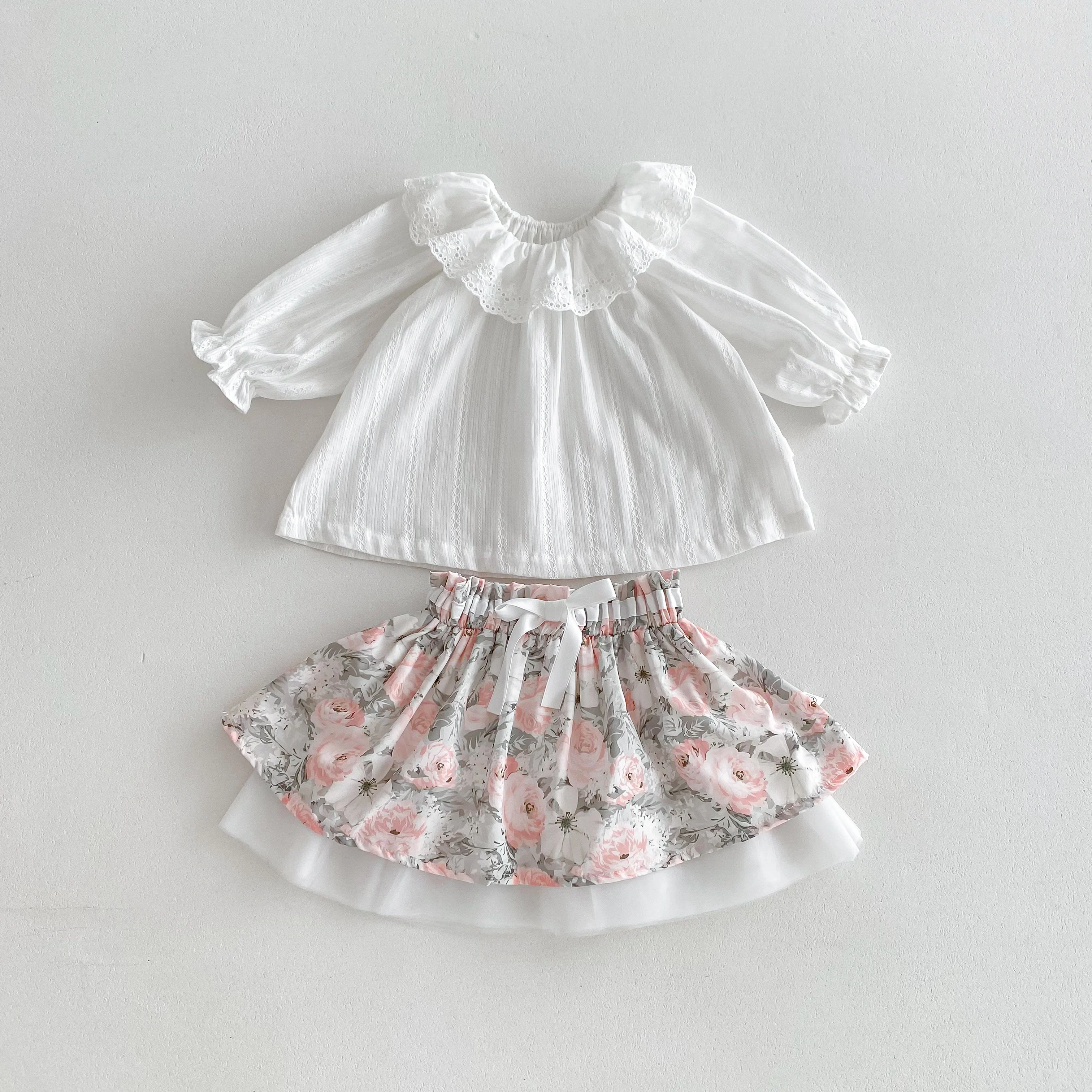 Spring Newborn Girl Suit White Lace Doll Collar Shirt + Printing Flower Skirt Baby Clothes 0-3 Years Old