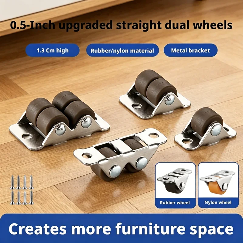 8 Pcs 0.5 Inch Mini Directional Wheels Load-bearing Industrial Four-wheel Rubber Straight Double Wheel 1.3cm Metal Bracket