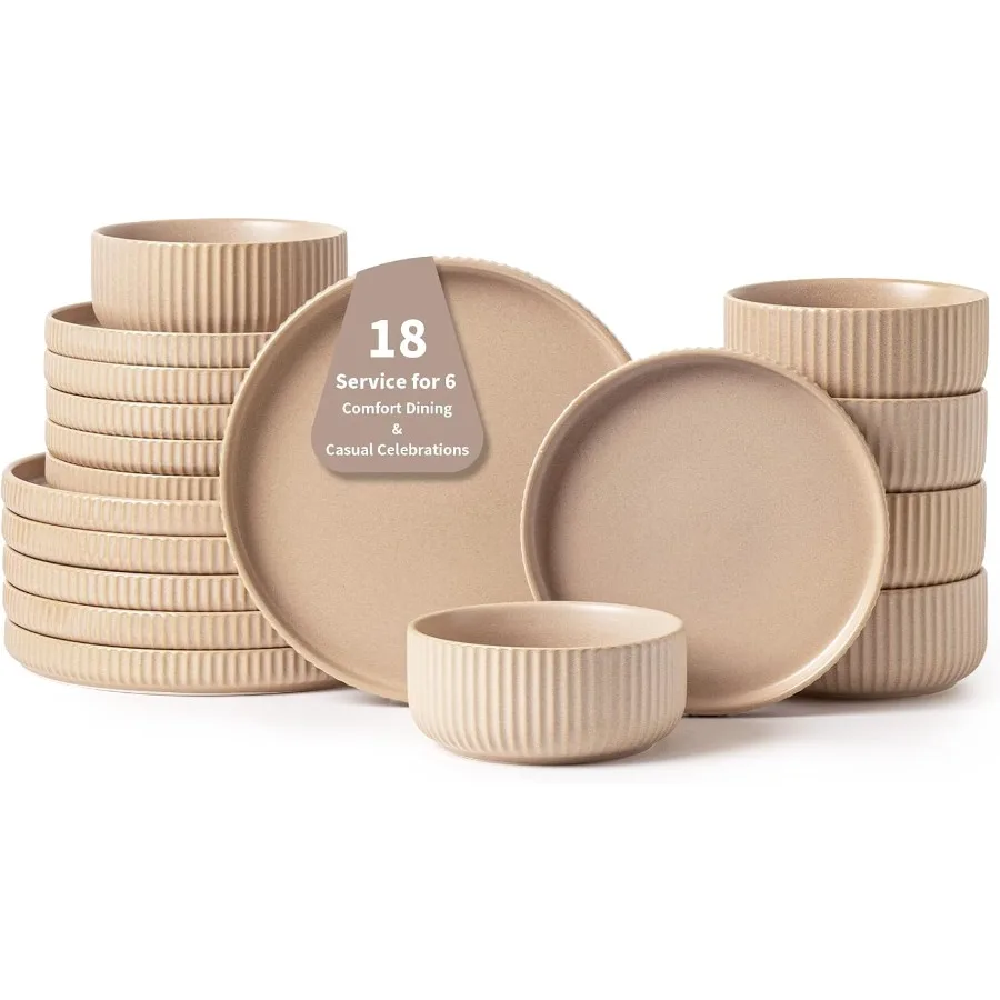 

Набор посуды из натурального камня, набор тарелок и мисок из 18-х предметов теплого бежевого цвета, элегантная посуда для 6 человек, идеально подходящая для уютного дома M