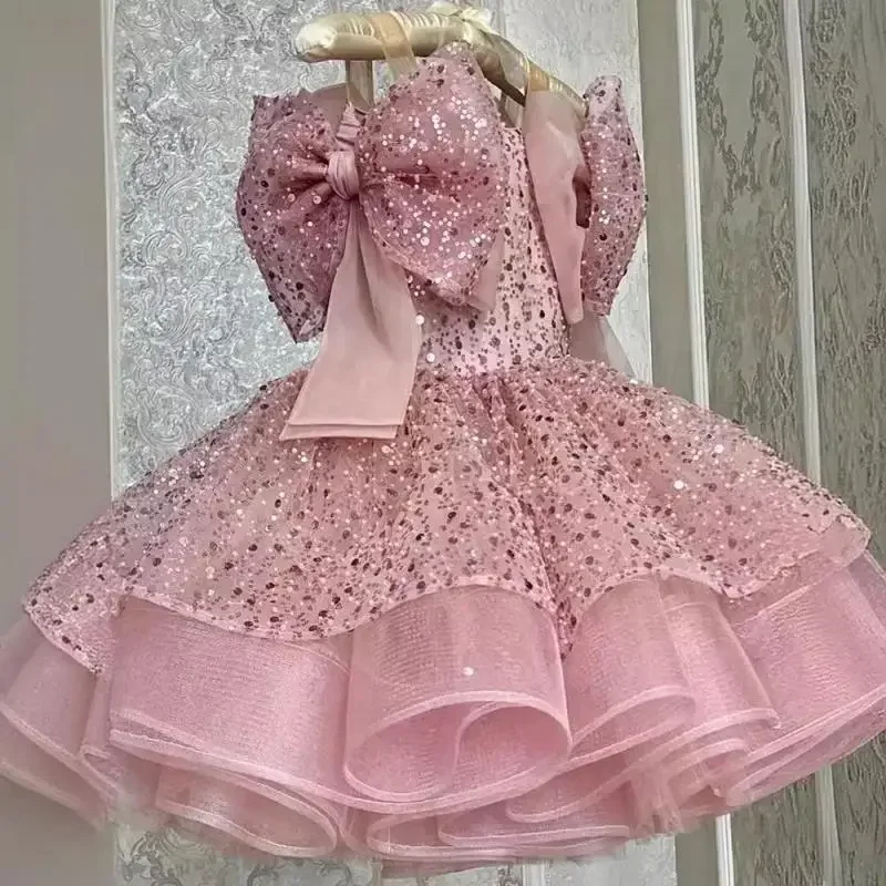 2025 Pink Sweet Cute Girl Princess Dress Sequin Bow Evening Dresses Newborn Baptismal Clothing New Square Neck Fluffy Vestidos