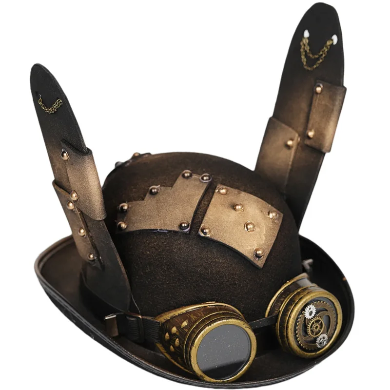 Y2K Harajuku Gothic Steampunk Bunny Ear Top Hat With Goggles Gear Rivet Halloween Carnival Cosplay Party Costume Lolita Headwear