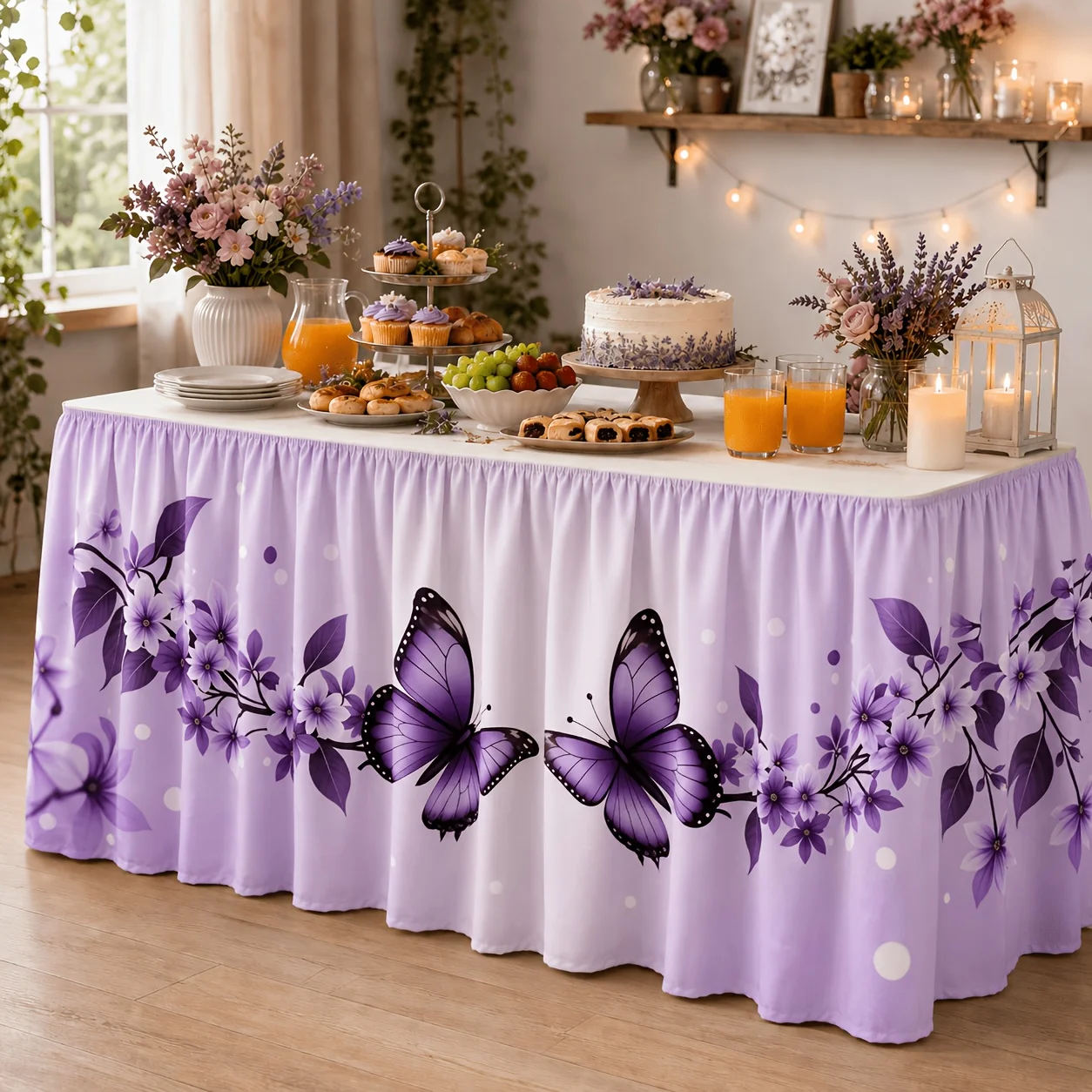 Party table skirt, 1 piece, Purple Butterfly Floral tablecover, featuring a purple butterfly and floral design theme.zyc