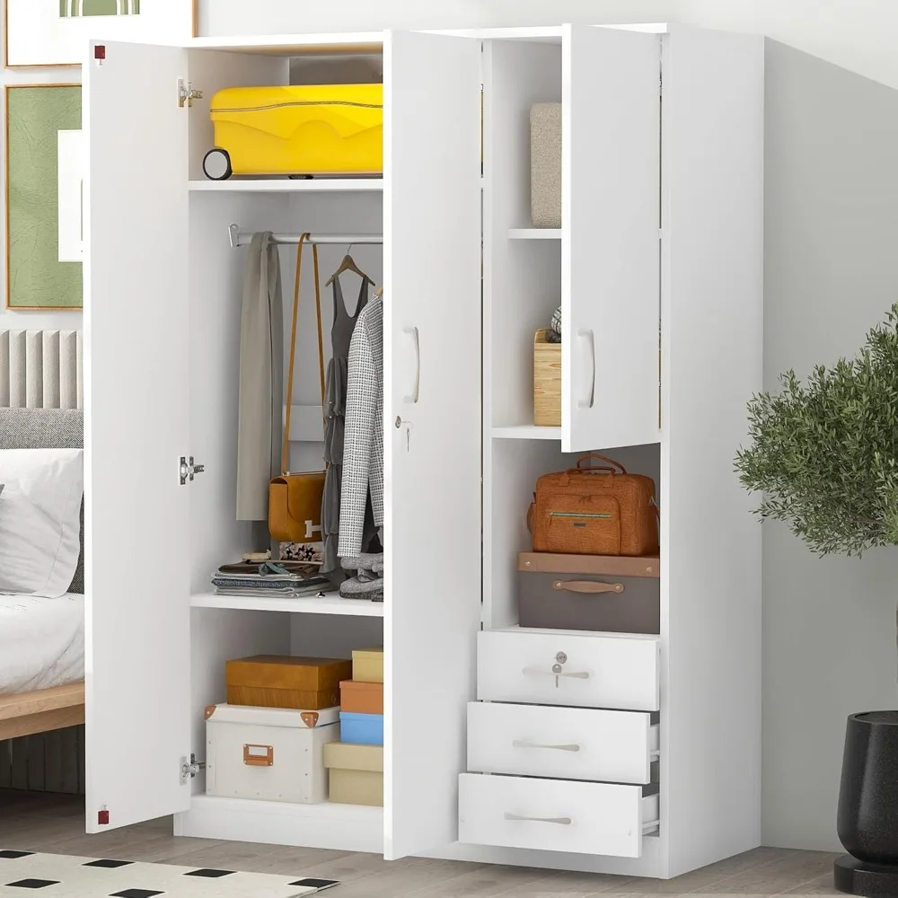 

Closet, 2-door Organizer with 3 Drawers and One Storage Cabinet, One Shelf with Hanging Rod, Clothes Storage, Solid Wood Closet