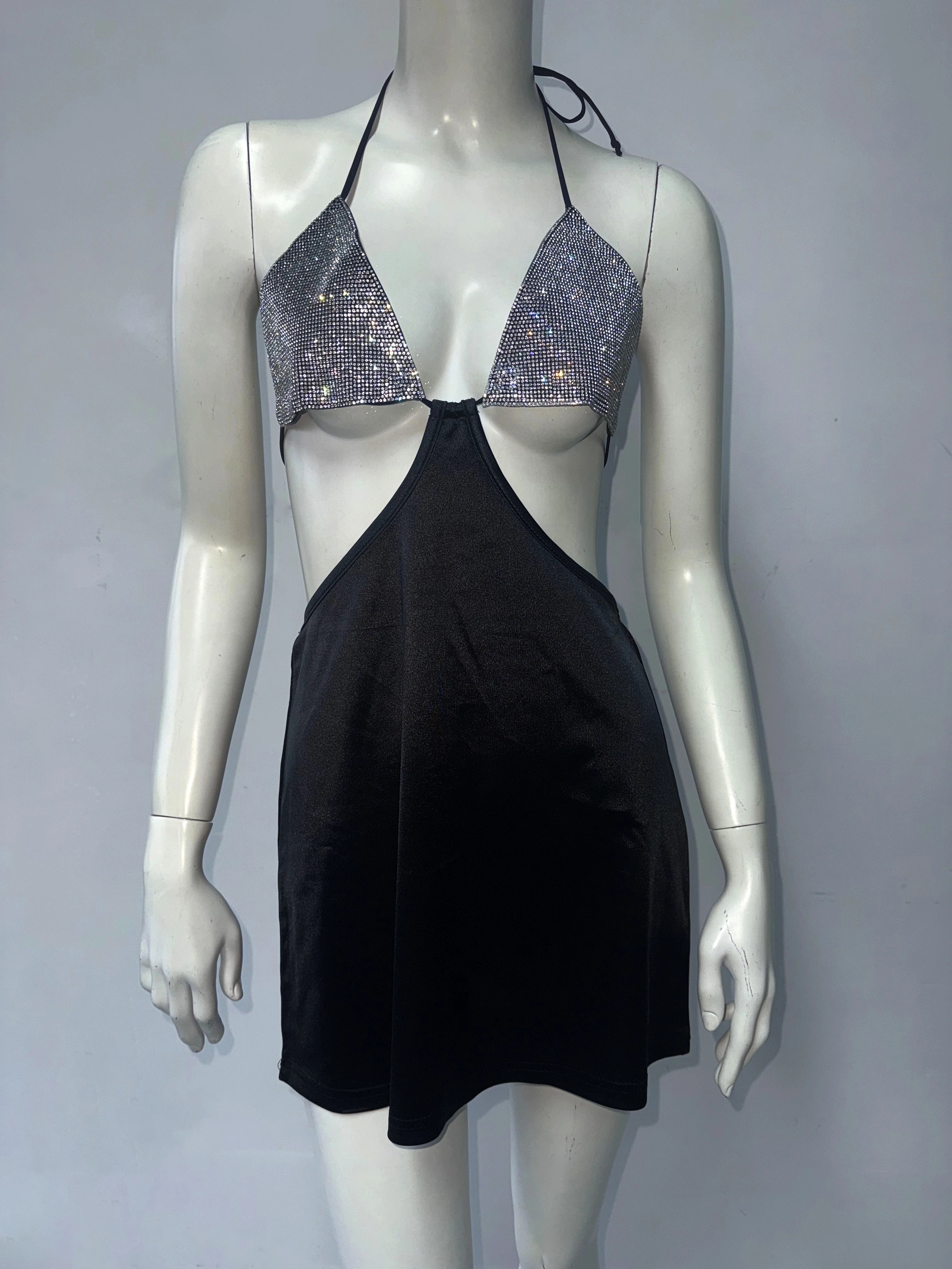 2025 여성용 신상 라인스톤 디자인 미니 드레스 섹시 백리스 붕대 홀터넥 V넥 듀 웨이스트 숏 드레스 패션 스트릿웨어