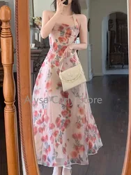 Floral Backless Sexy Dress Women Elegant Chic Y2k Casual Vintage Fairy Dress Female 2022 Summer Korean Beach Evening Party Dress