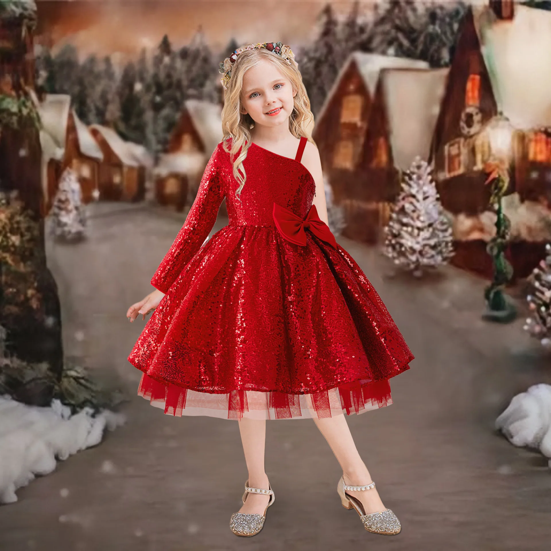 

Suspender Sleeveless Red Party Princess Girl Dress For Children Costume Prom Elegant Kids Clothes Sequin Birthday Wedding Gown