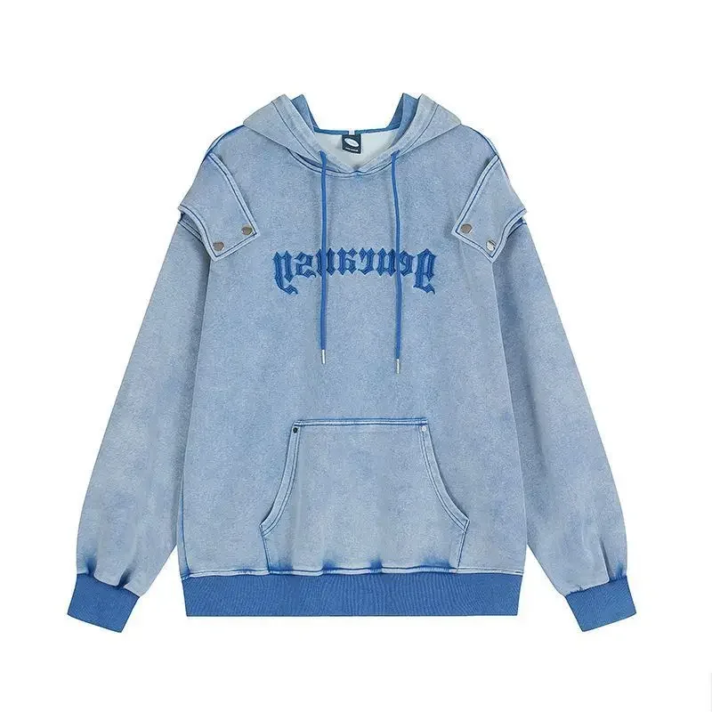 

Contrast Hooded Couple Sweatshirt Unisex Autumn and Winter Oversize Fleece Long Sleeve Letter Printed Patchwork Suede Tops