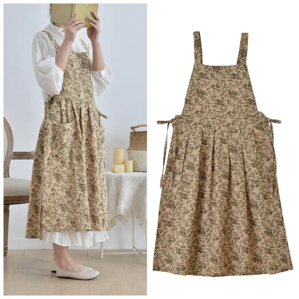

Cotton Kitchen Cooking Apron Elegant French Style Waiter Extended Aprons Floral Printed with Pockets Household Work Apron Garden