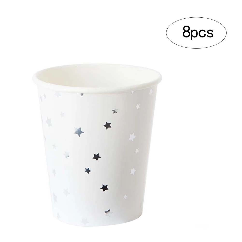 

32pcs Party Plates Napkins Cups Set Disposable Paper Tray Kit Biodegradable Tableware Gold Star Pattern Lunch Dinner Decor