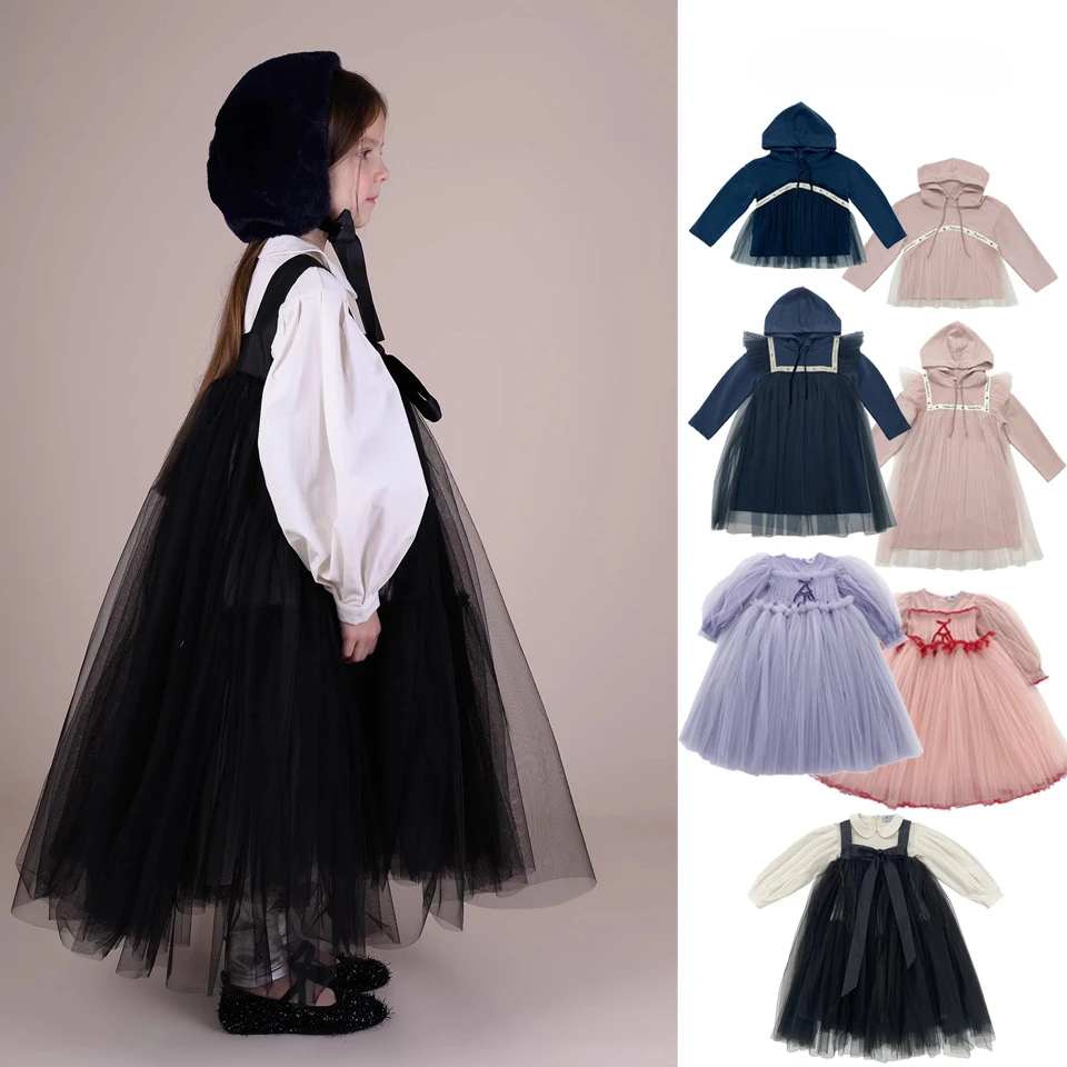 

OUYANG*IVAN 24 Girl Dress New Autumn and Winter RAS Same Mesh Gauze Skirt with Hoodie Pants Set Girls Sundress