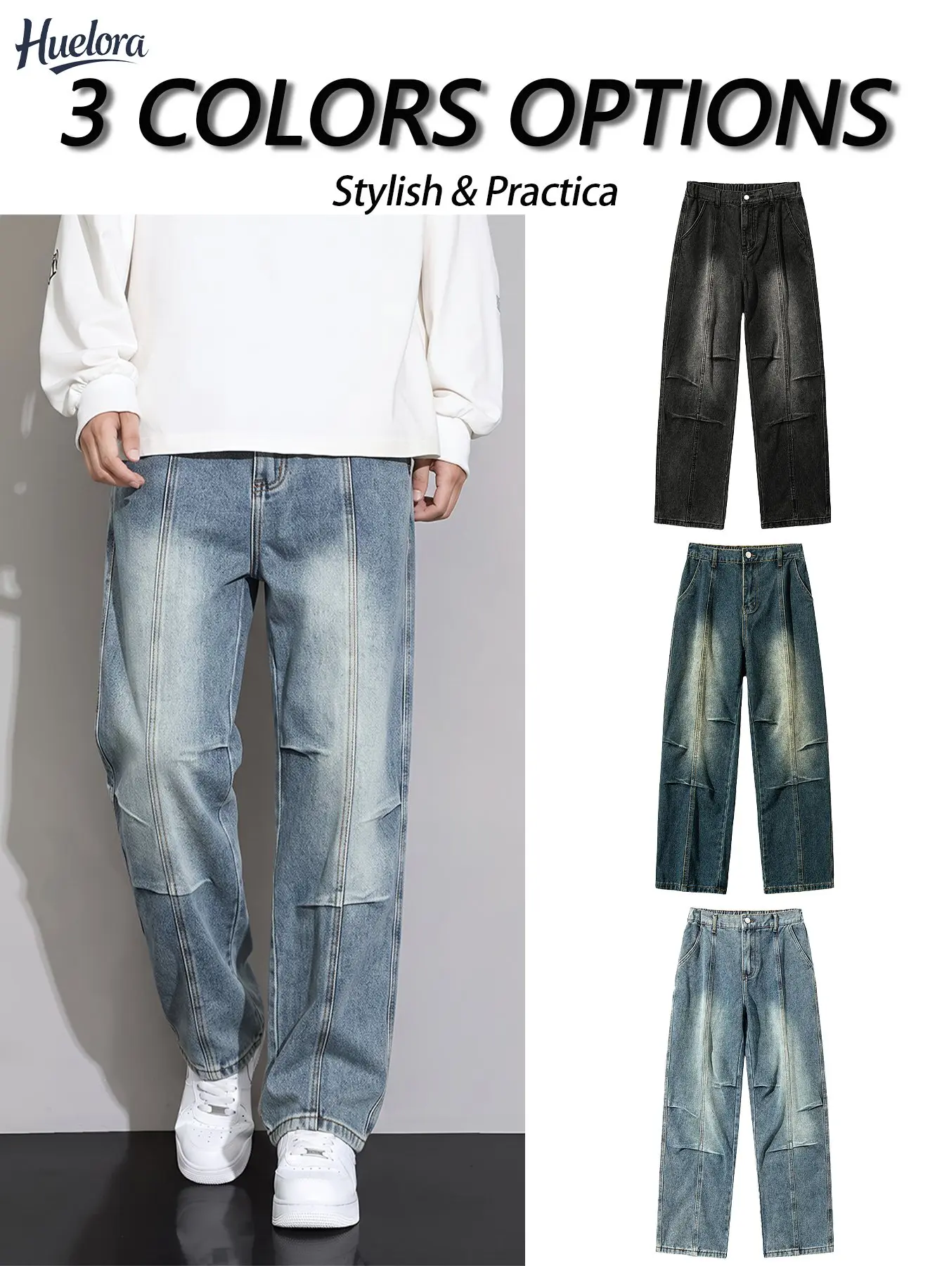 Unisex Baggy Wide‑Leg Jeans, Vintage Washed Pleated Denim Pants, Elastic Waist Streetwear Loose Straight Trousers