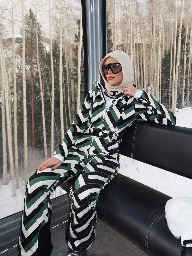Winter Ski Jumpsuit Geometric Stripe Print Hooded Zip Front Belted Flared Pant Windproof Lady Warm Snow Sports 1 Piece Suit