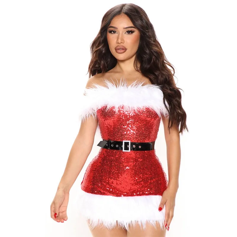 

Sequin Patchwork Feather Strapless Mini Dress Christmas Party Women Sexy Soild Color Sleeveless Hip Wrapped Vestidos S-2XL