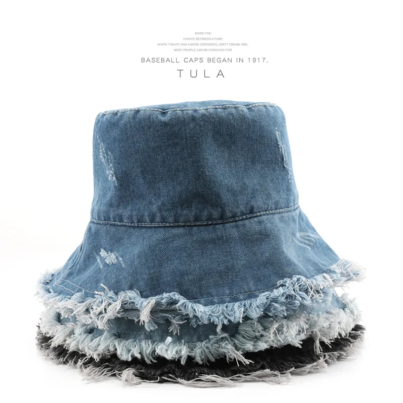 Womens 100 Percent Polyester Distressed Ripped Denim Bucket Hat Frayed Raw Edge Washed Vintage Sun Protection Outdoor Fisherman