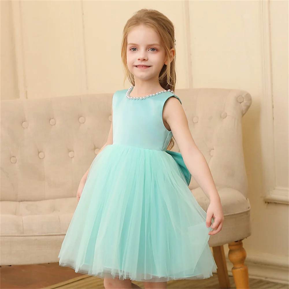 Toddler Girl Flower Birthday Tulle Dress Backless Bow Wedding Gown Kids Party Wear Princess Blue Dress Baby Girl Bowknot Dresses