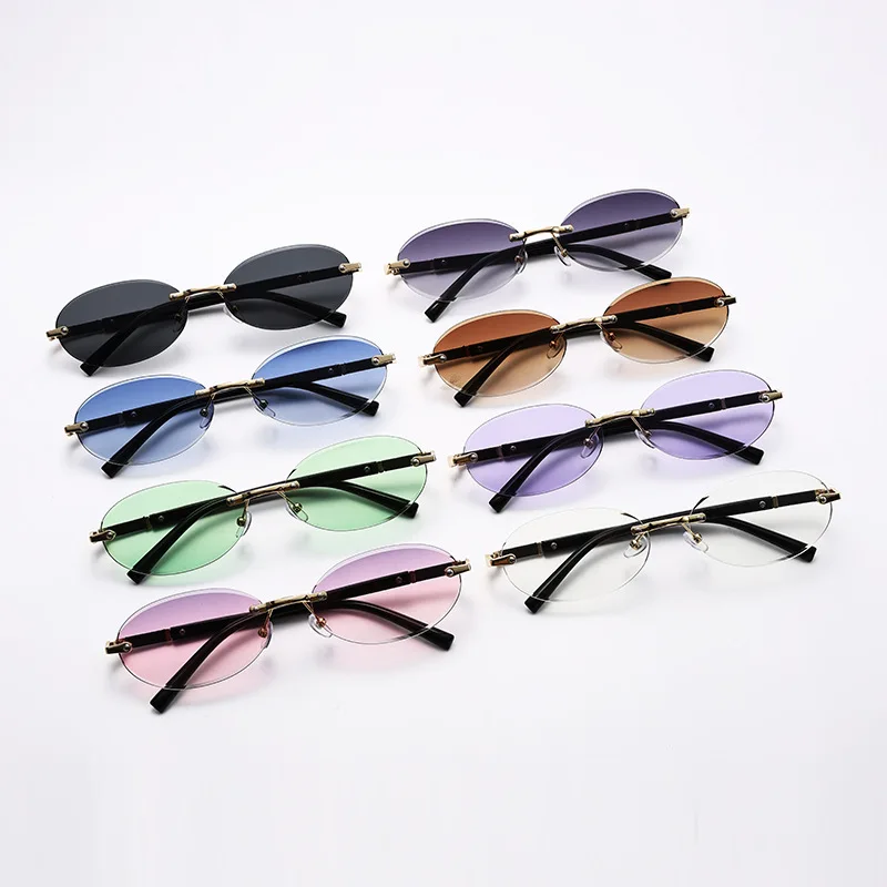 Lunettes de soleil ovales personnalisées tendance, monture rétro pour femmes et hommes, lunettes de soleil métalliques haut de gamme sans monture, pour voyager, protection UV400