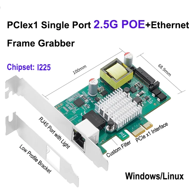 PCIE to 2.5G POE Gigabit Card Single Port RJ45 Gigabit PCIe X1 PoE+ Ethernet Network Card Frame 802.3At I225 Chip