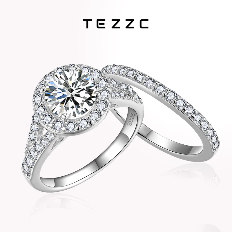 Tezzc Full Moissanite Double Ring Set GRA Certificate Diamond Engagement Ring 925 Sterling Silver Wedding Ring Gift for Women