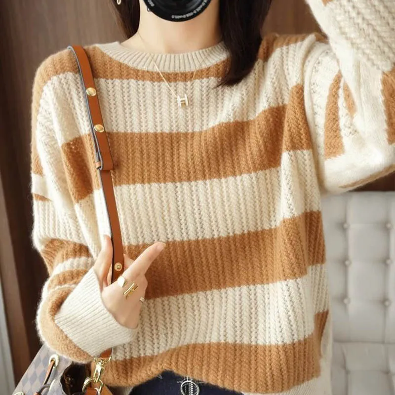 Autumn Winter Casual Loose O-neck Knit Pullovers Women Clothing Korean Version Patchwork Striped Top Chic Long Sleeve Sweaters