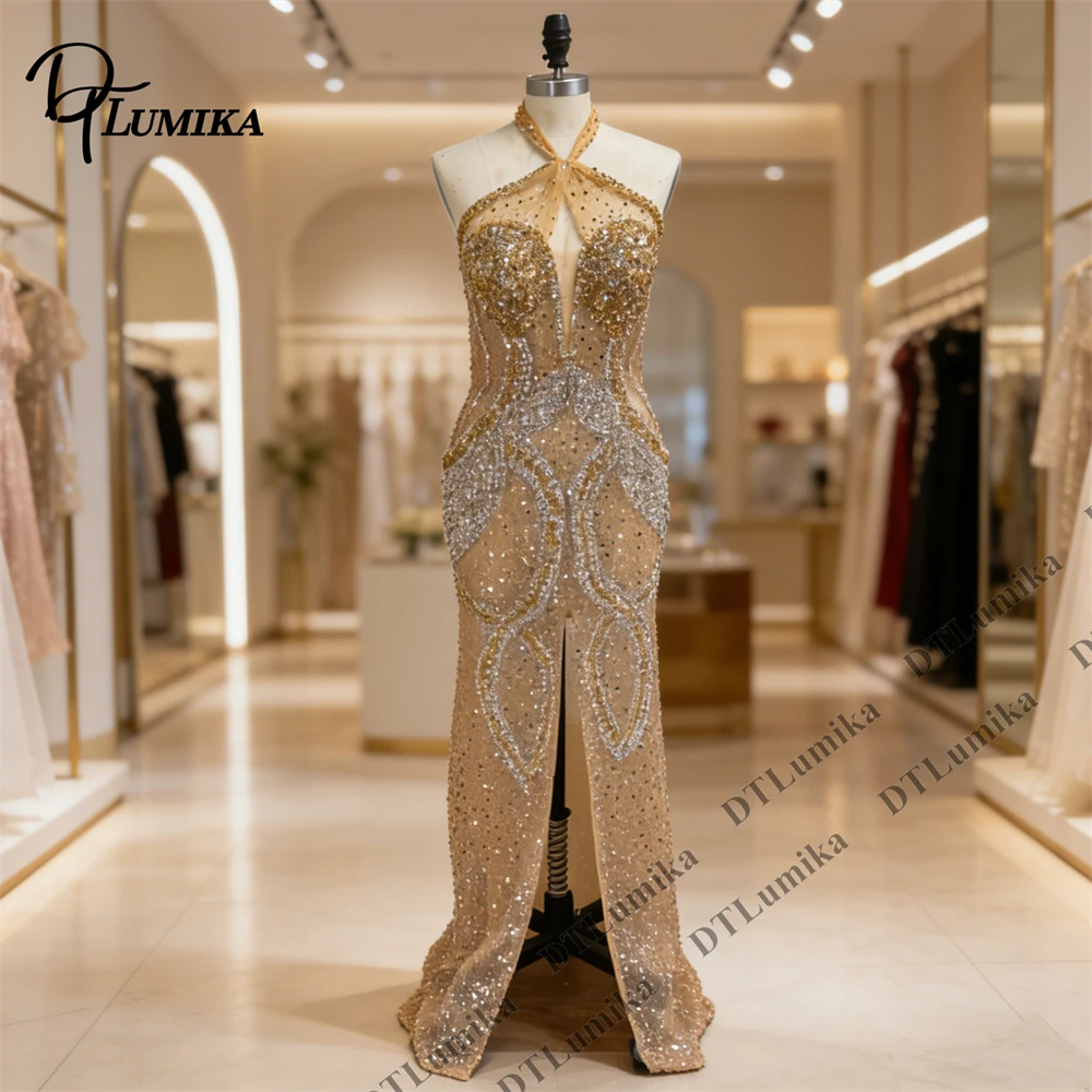 

DTLumika - Halter Front Slit Women's Long Evening Dresses, Date Party Events Formal Gown Customized Gala Pageant Dress