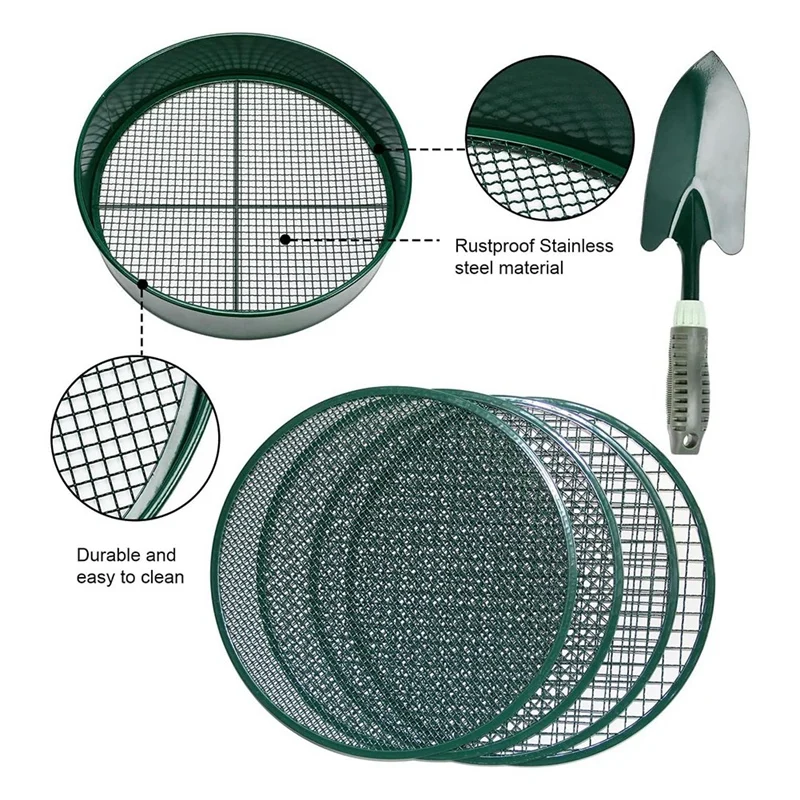

Soil Sieve Sifter Set with Shovel Gloves, Garden Sieve Set with 4 Interchangeable Mesh 3,6,9,12mm, Dirt Sifter-AT35